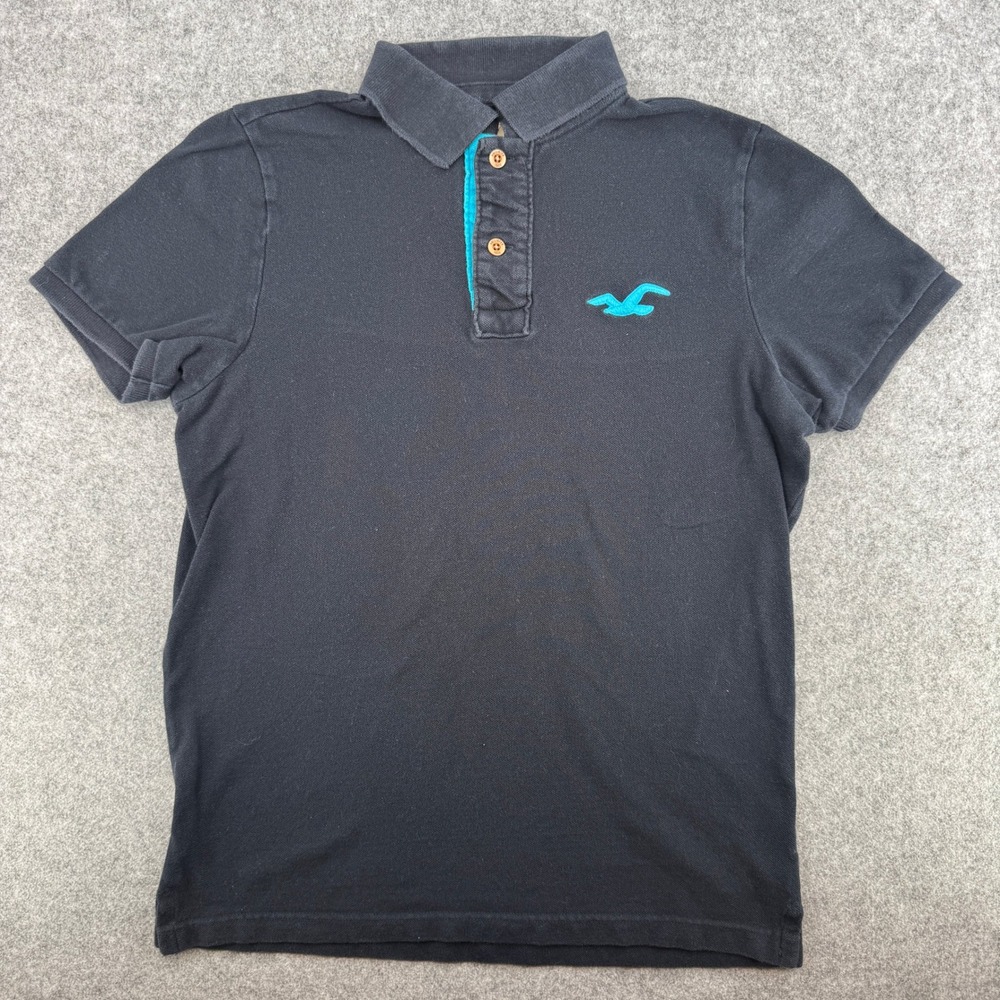 Y2K Hollister Polo Shirt Mens M Pique Black Teal Logo EUC